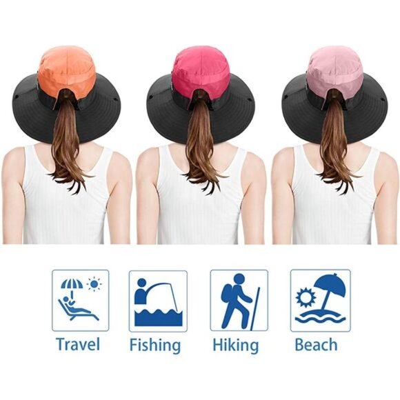 3 Pieces Women Ponytail Wide Brim Sun Hat Packable UV Protection Beach Cap main image 6